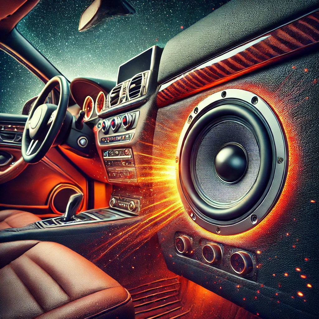 DALL·E 2024-08-02 13.24.37 - A car interior showcasing a single, powerful car speaker installed in the door panel. The car interior should be luxurious with premium materials like