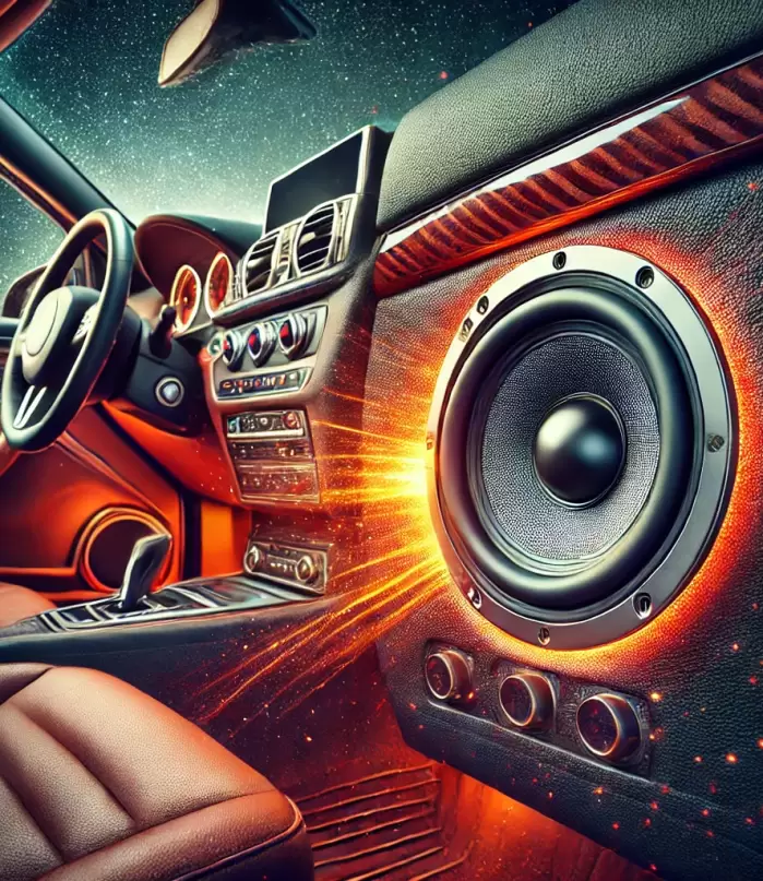 DALL·E 2024-08-02 13.24.37 - A car interior showcasing a single, powerful car speaker installed in the door panel. The car interior should be luxurious with premium materials like